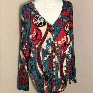 Glitzy Girlz Women Paisley Multi Color Blouse V Neck Red Plus SZ 1X  Long Sleeve